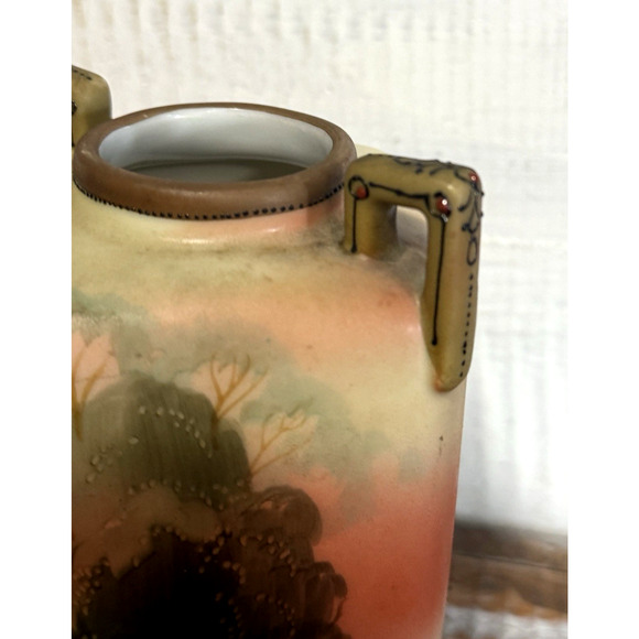 Antique Hand Painted Nippon Noritake M-in-Wreath Vase 6” Landscape Scene Japan - Picture 4 of 10